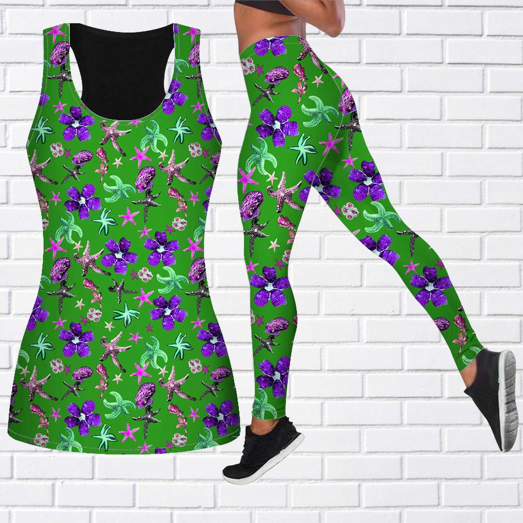 Фиолетовый наряд для йоги с принтом морской звезды для женщин, модные леггинсы для тренировок, спортивные повседневные штаны для фитнеса и йоги