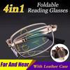 With Leather Case Folding Reading Glasses For Far And Near Anti-Blue Anti-Radiation Progressive Bifocal Glasses for Men Portable Eyeglasses +100~+400