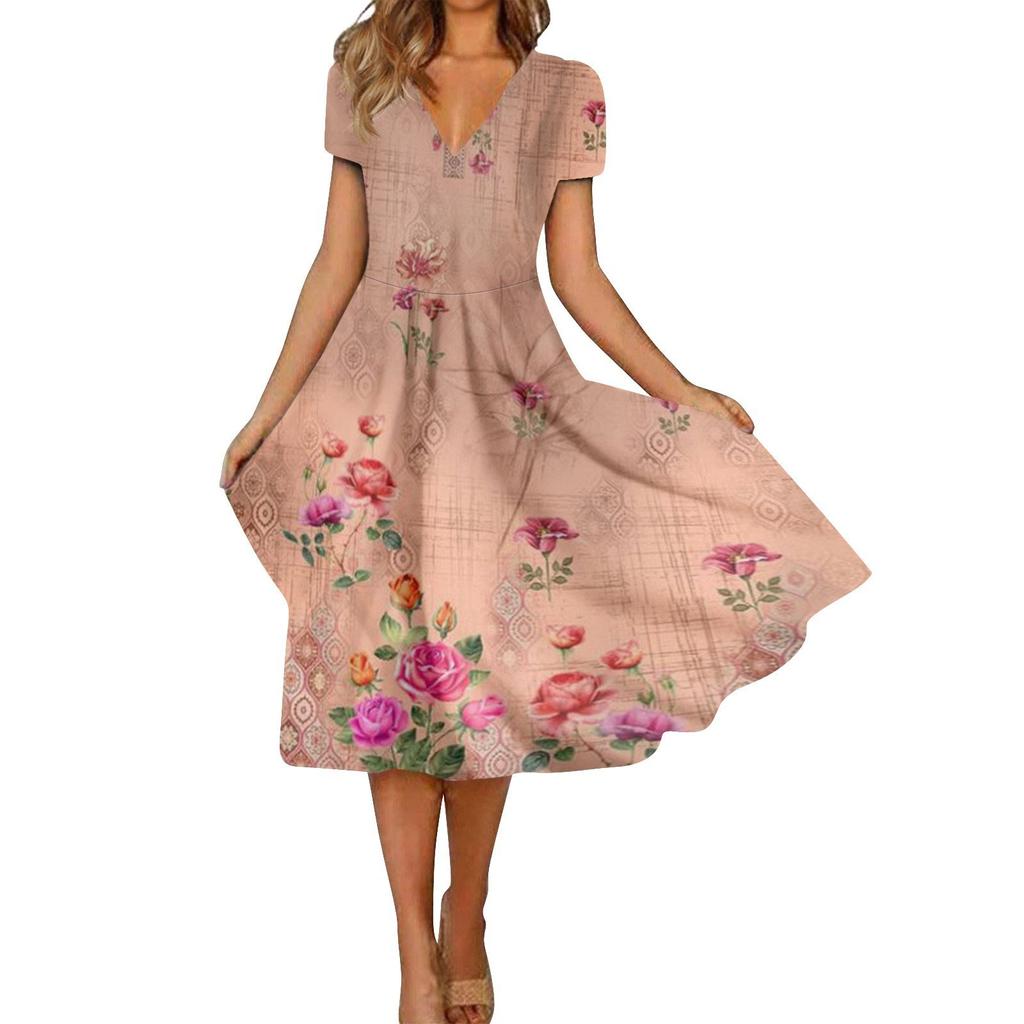 Women's Summer Casual Fashion Retro Print Short Sleeve V-Neck Swing Dress