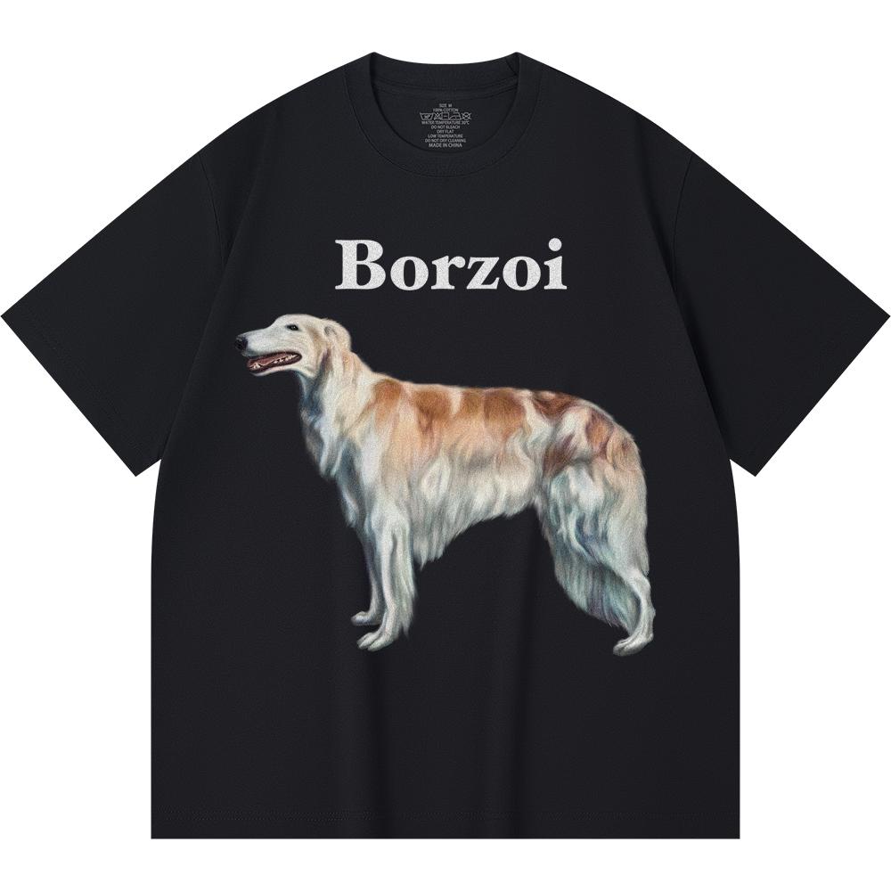 230GSM 100% Cotton T-Shirt Borzoi Print Tees Funny Harajuku Style Combed Cotton Tshirt