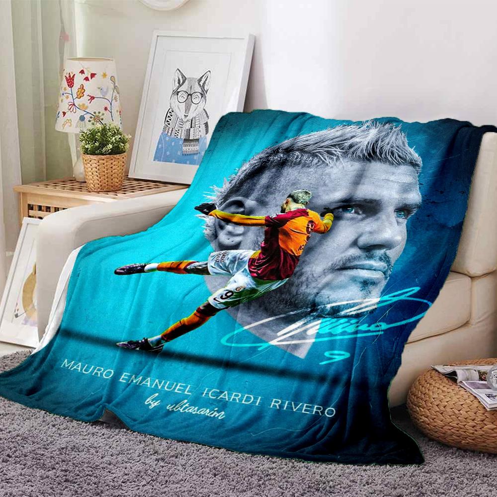 Blue Football Player Portrait Shooting Print Flannel Throw Blanket, Soft Warm Cozy Bed Sofa Cover for Sports Fan Home