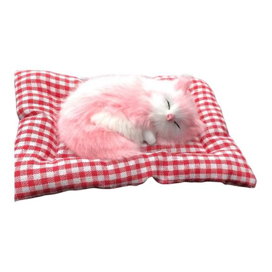 Simulation Sleeping Cat Decoration with Plaid Mat Odor Removal Bamboo Charcoal Plush Kitten Stuffed Animal Doll Home Office Desktop Car Interior
