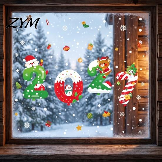 New Year Glass Clings 4 Sheets 2027 Christmas Window Clings, Double Sided Static Sticker with Decals Santa Reindeer Snowflake Tree, No-Glue Removable