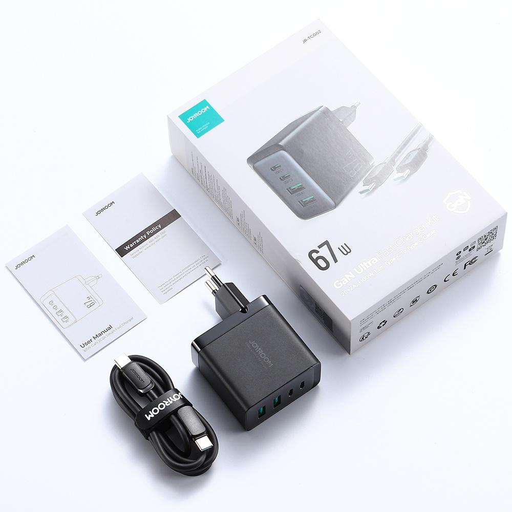 Joyroom 67W GaN Multi-Port Charger (2x USB, 2x USB-C) with 100W USB-C Cable - Black (Model TCG02)
