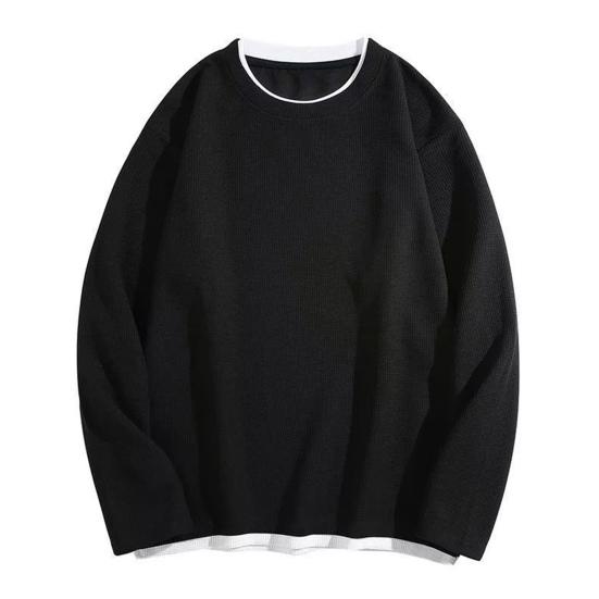 Мужской вафельный свитшот с круглым вырезом, футболка с длинным рукавом, имитация двухслойности, повседневный свободный пуловер для весны, осени, для повседневной носки, уличный стиль