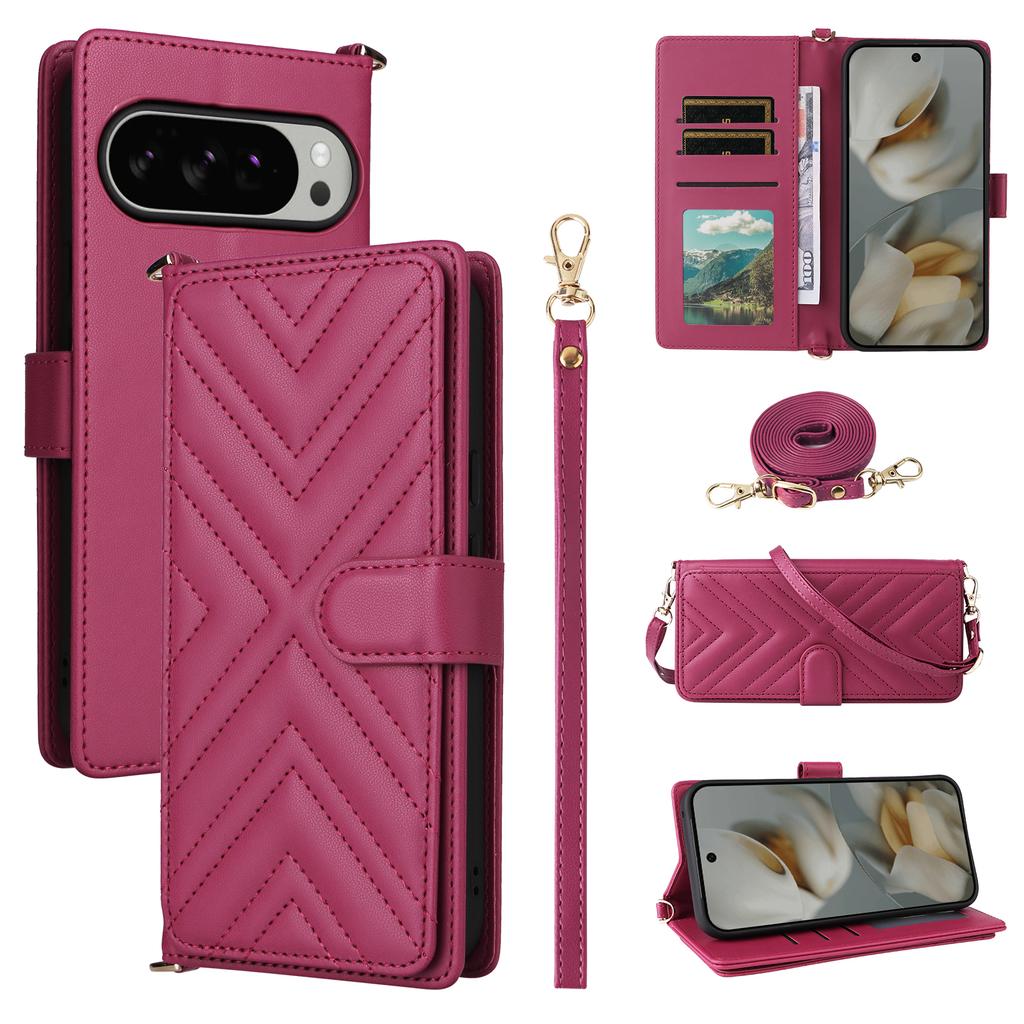 For Google Pixel 10 Pro XL Case with Shoulder/Wrist Strap Leather Phone Cover Stand Wallet