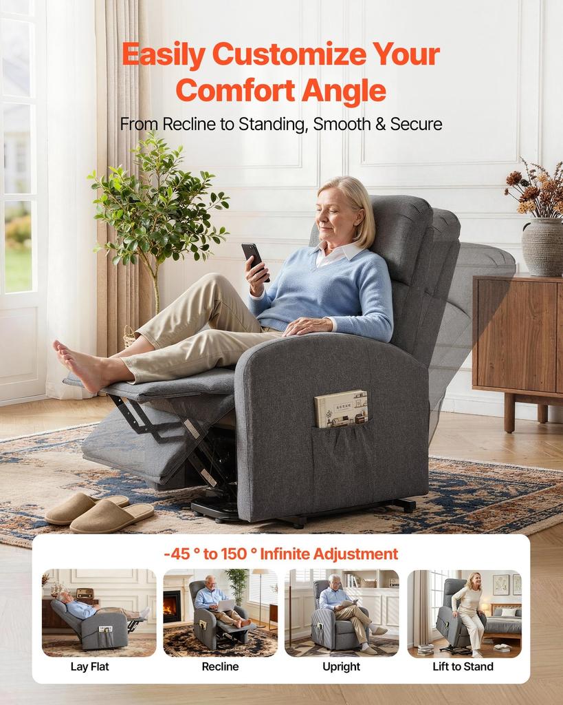 Power Lift Recliner Chair, Electric Lift Chair for Elderly, Infinite Position Adjustment, Linen Fabric, High-Resilience Foam, with Side Pockets,