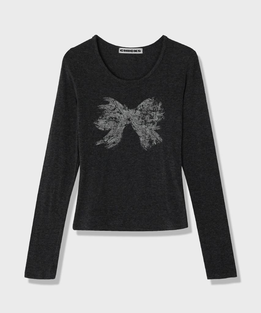 CHICKS Scratch Ribbon Long Sleeve T-Shirt Charcoal