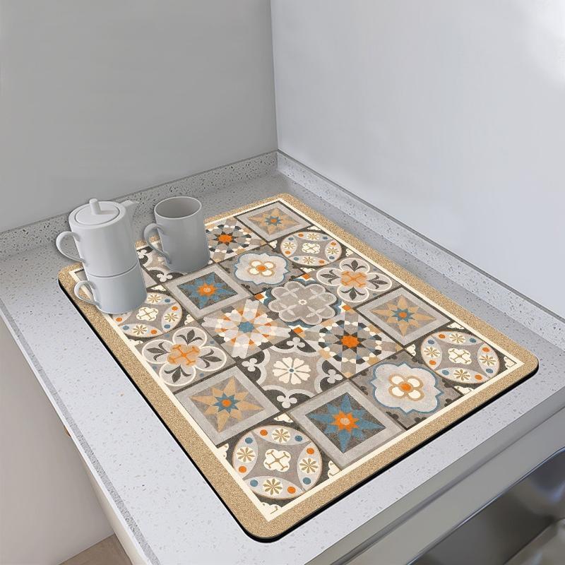 Ретро Плиточный Рисунок Диатомитовый Влагопоглощающий Коврик 40X60см Быстросохнущий Нескользящий Термостойкий Дренажный Коврик Для Кухни Домашний Декор
