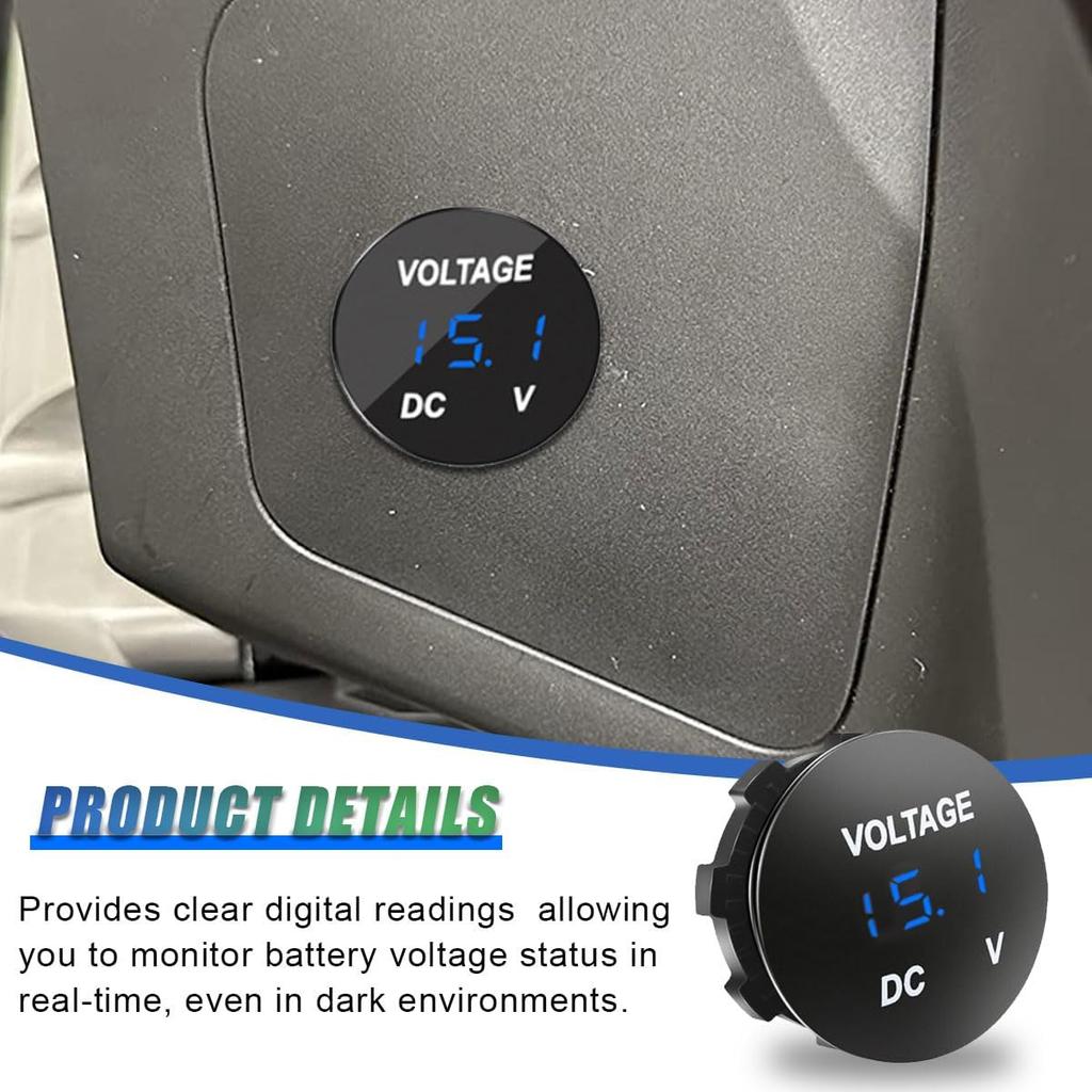 Battery Voltage Meter, DC 12V Waterproof Voltage Meter Tester, LED Digital Display Voltage Gauge Meter, Battery Monitor Indicator, Round Panel