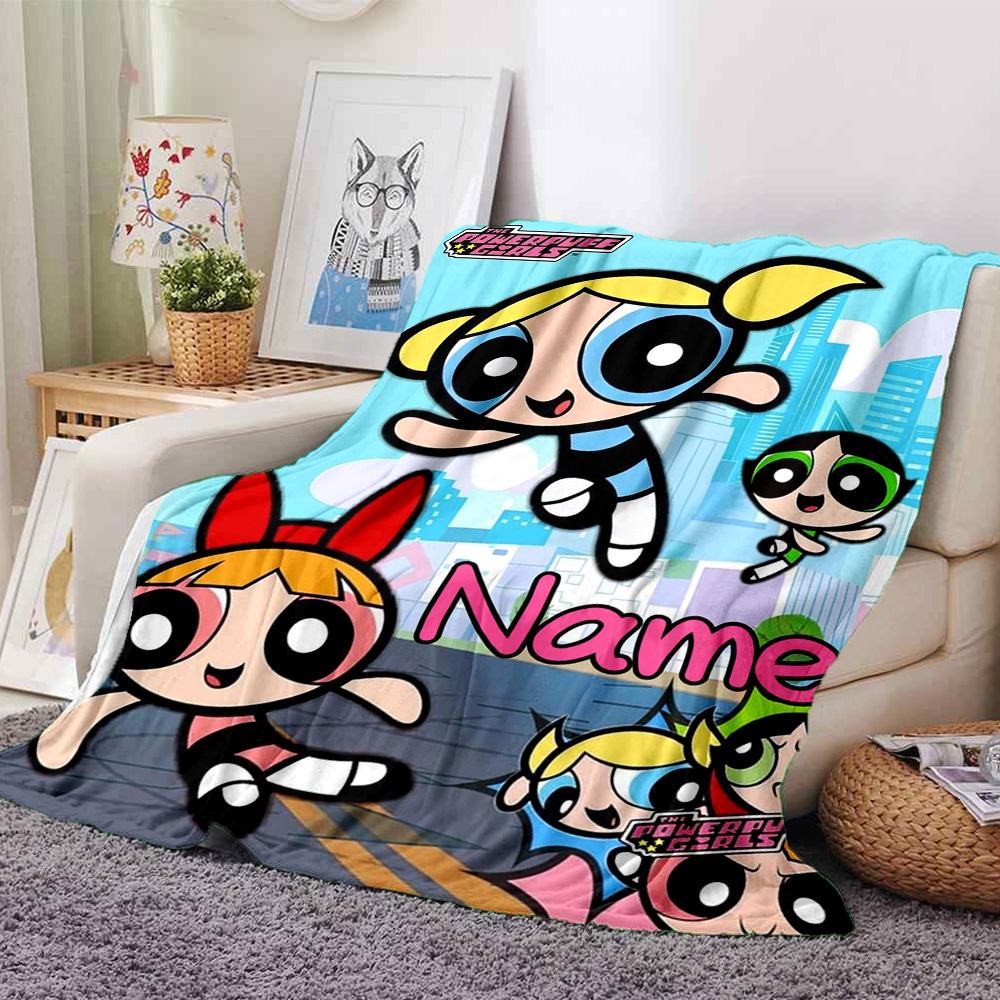 Custom Name Powerpuff Girls Adventure flannel Blanket for Super Soft Cute Comfort Blanket for Travel Bedding Couch Sofa Blanket