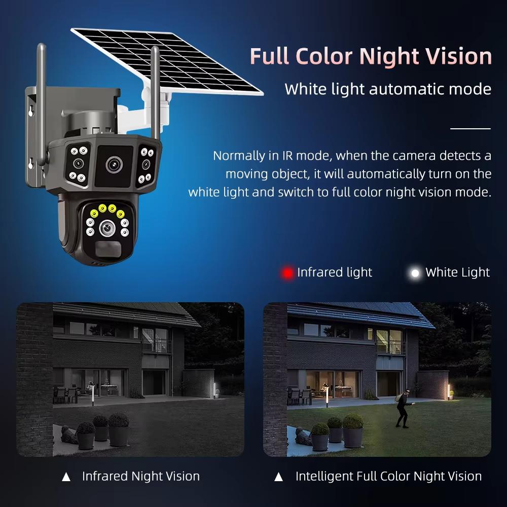 4K 8MP HD Dual Lens 4G SIM Solar Camera PTZ Auto Tracking Three Screens Outdoor Security Surveillance WIFI CCTV IP Cameras V380 APP