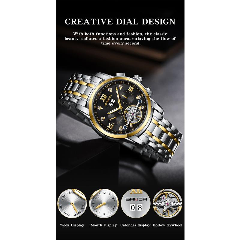 SANDA Новый продукт, мужские автоматические механические часы со стальным ремешком, кварцевые модные полые мужские часы