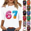 Women's Fashionable Casual Three-Quarter Sleeve Printed  Neck T-Shirt Top