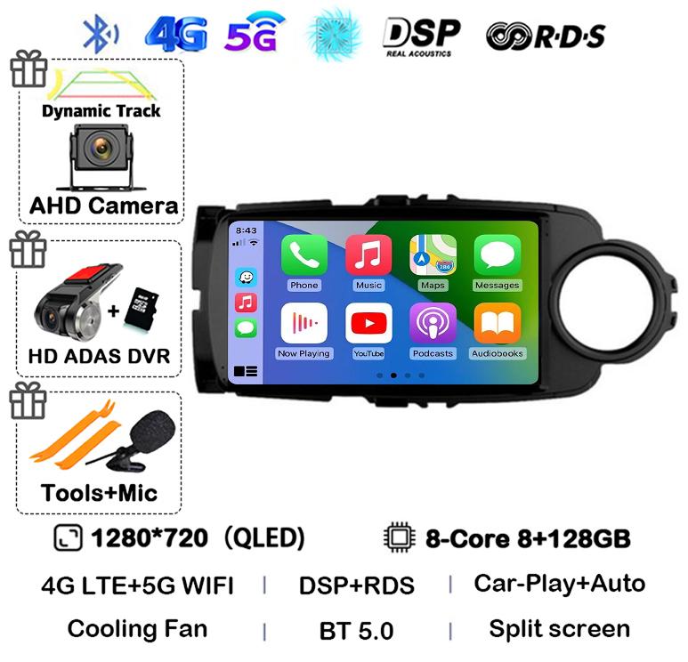 Android14 Carplay Auto For Toyota Yaris 2012 2013 2014 2015 2016 2017 Multimedia Car Radio Player WIFI+4G SIM Stereo DSP GPS RHD
