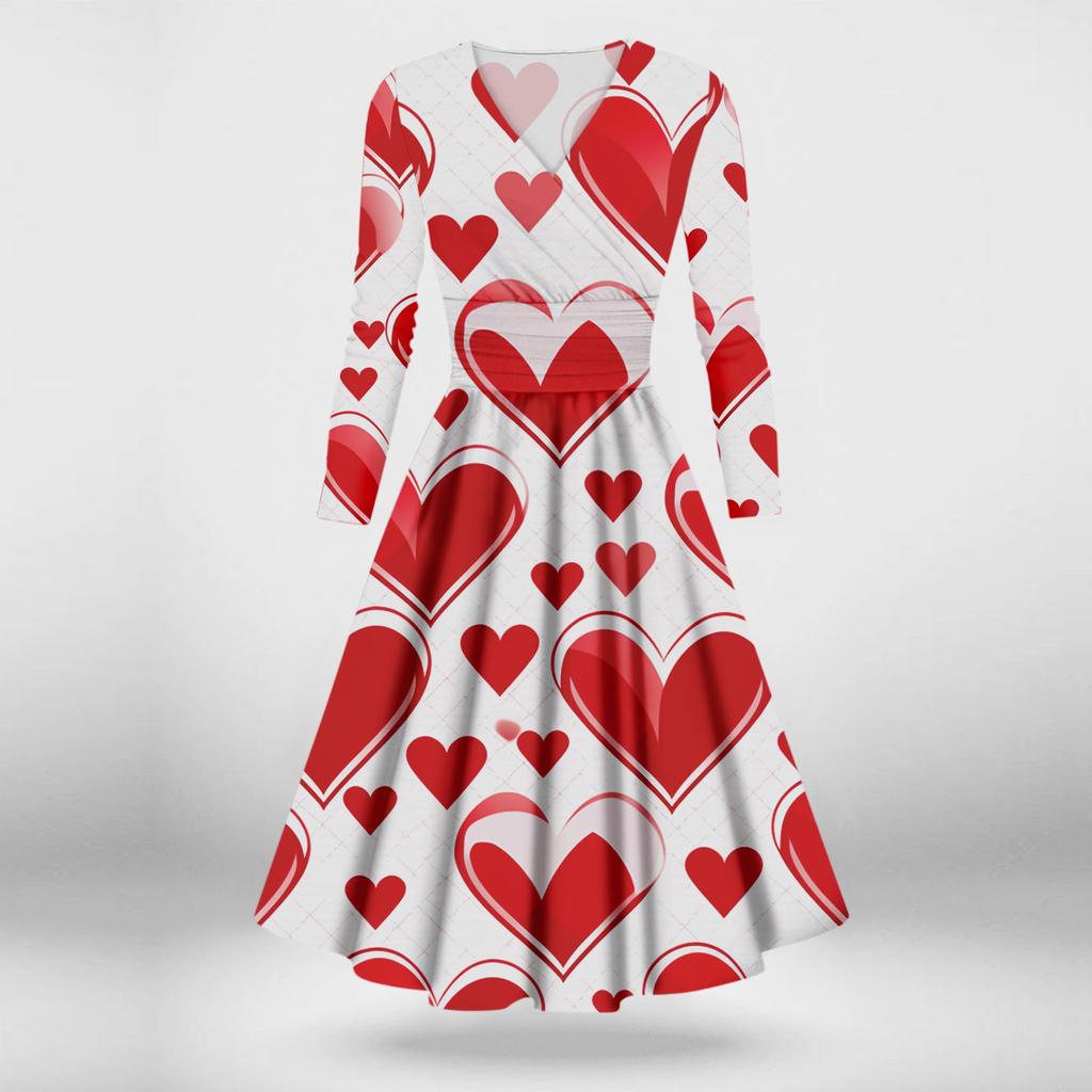 Женская мода повседневные платья на День святого Валентина с принтом, длинным рукавом и V-образным вырезом, сексуальные платья