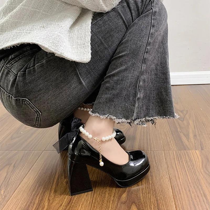 Роскошные женские туфли на высоком каблуке с элегантным бантом и квадратным носком женские туфли Мэри Джейн с жемчужным кружевом на вечеринку и свадьбу модные туфли на платформе женские туфли-лодочки