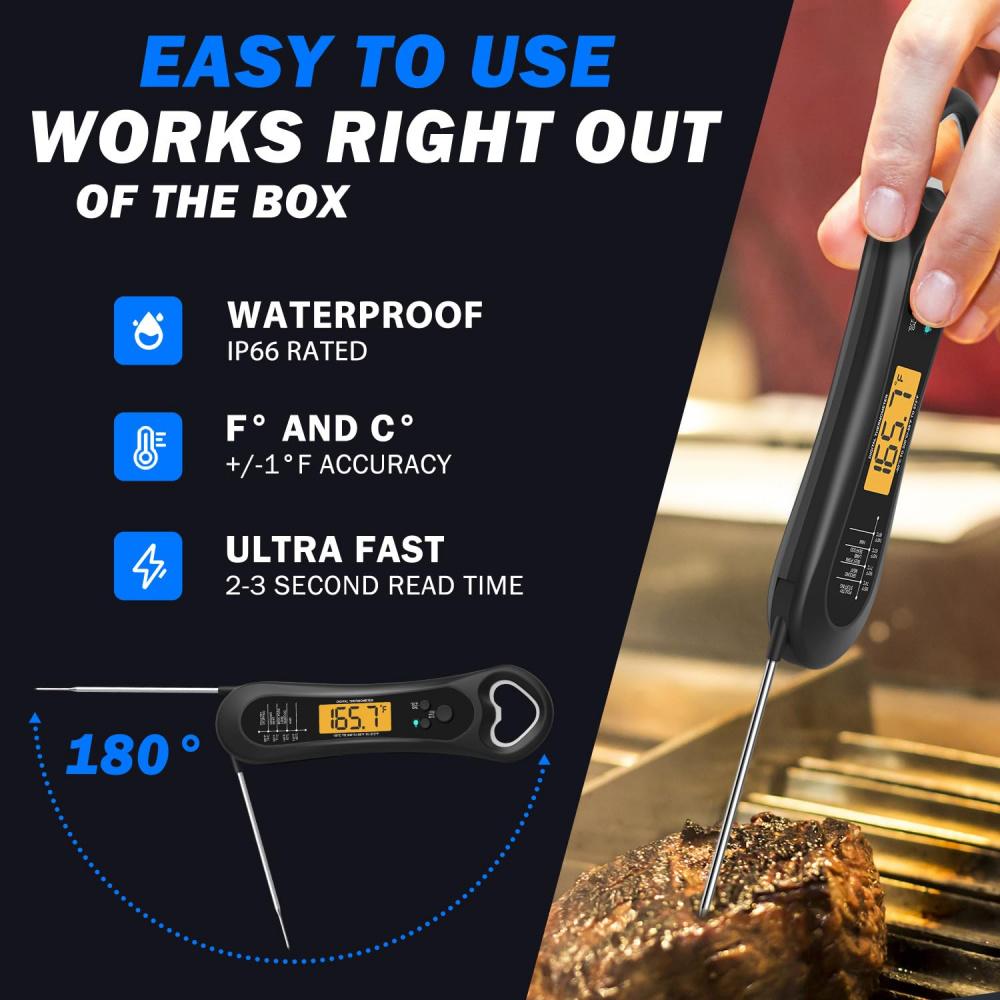 Цифровой термометр для мяса для приготовления пищи, беспроводной, мгновенное считывание, водонепроницаемый, с подсветкой, сверхбыстрый и точный, складной на 180° зонд