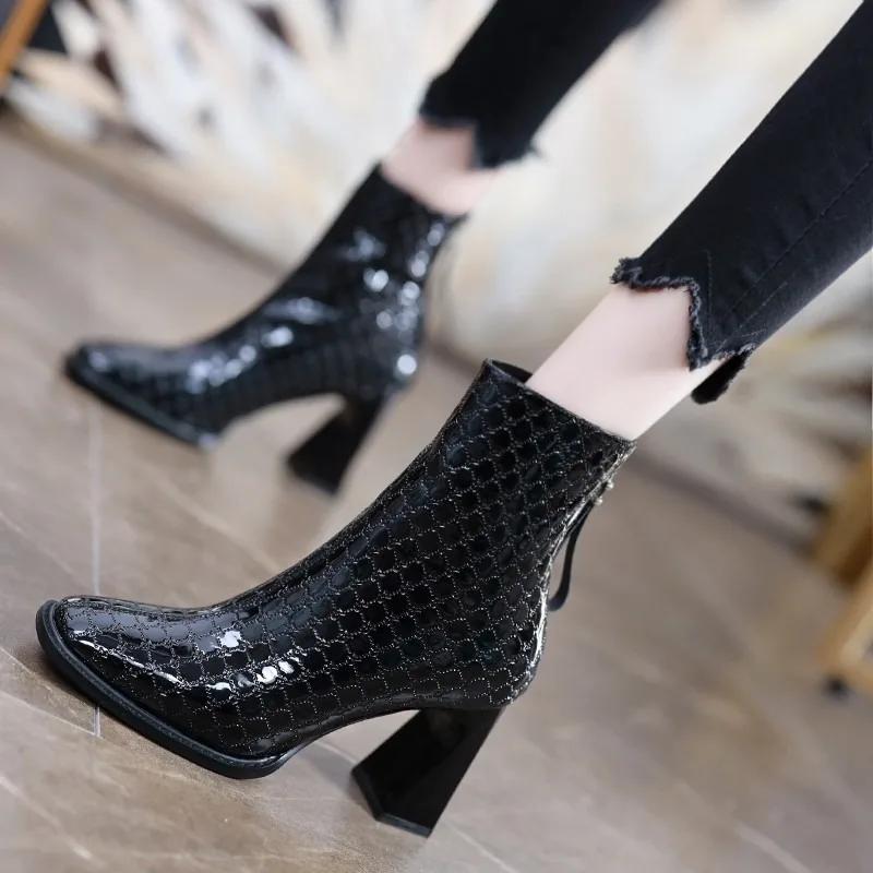 2024 High Quality Women's Shoes Ankle Women's Boots Elegant Modern Boots Women Square Toe High Heels Back Zip Shoes Ladies