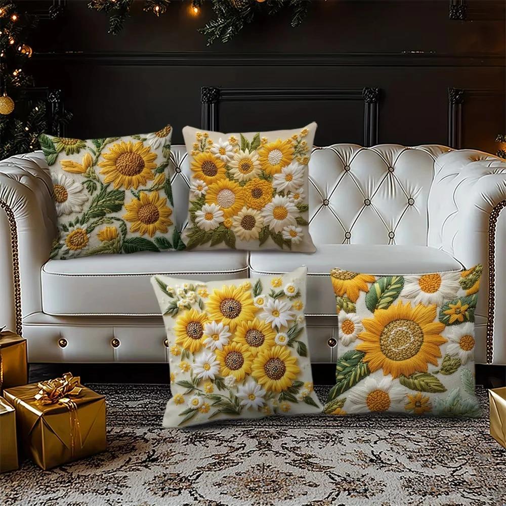 Домашний Декор Подсолнухи и Ромашки Цветочный Узор Наволочка с Рисунком Чехол для Подушки Подходит для Дивана Спальни Автомобиля Наволочка