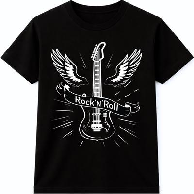 Футболка Rock N Roll Гитара Крылья Винтажная Подарок Любителю Музыки Байкер Ретро Футболка с Логотипом Группы