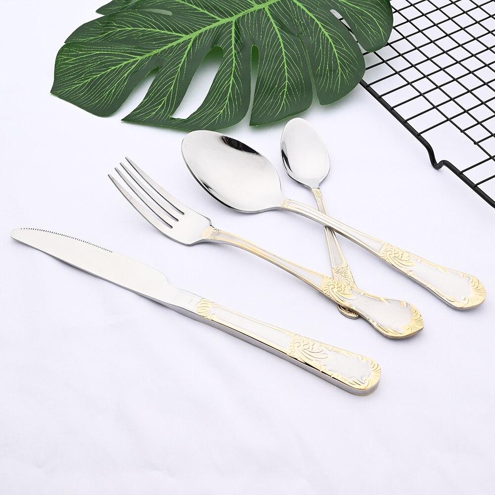 24Pcs Gold Flower Pattern Cutlery Set 18/10 Stainless Steel Tableware Set Knife Fork Tea Spoon Dinnerware Silverware Kitchen Flatware