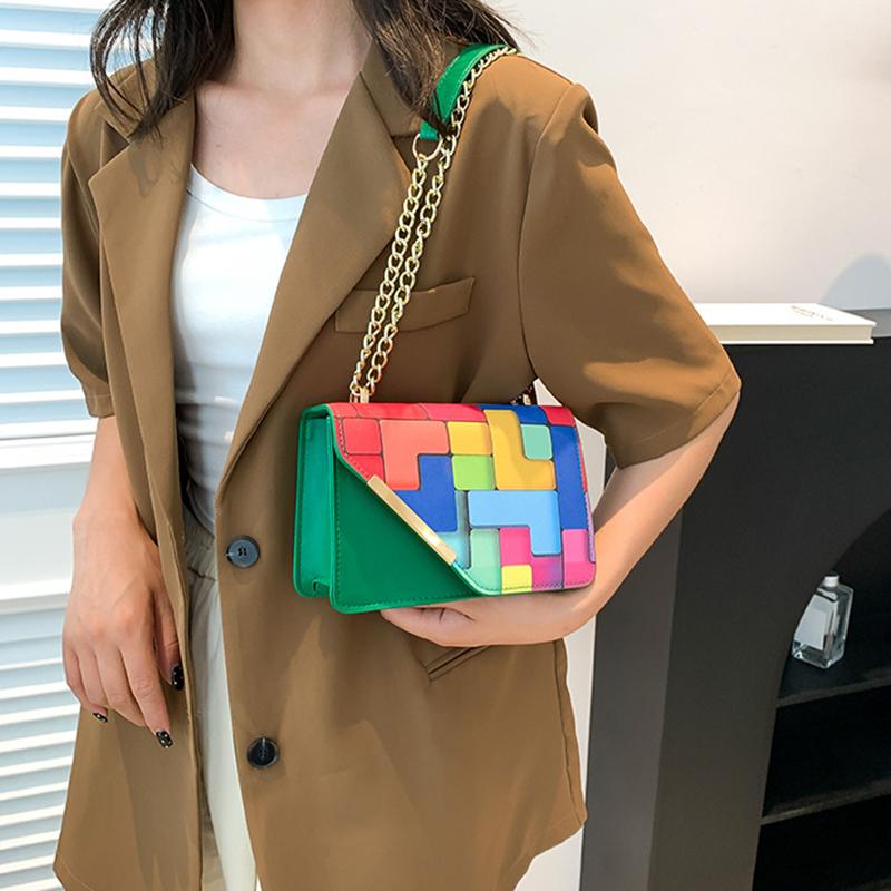Женская маленькая квадратная сумка-слинг на плечо с клапаном из искусственной кожи, летняя, контрастного цвета, универсальная, с цепочкой, кроссбоди KTY