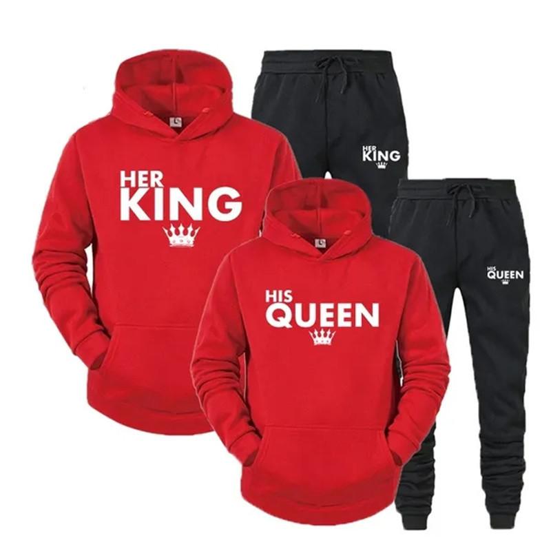 Lover Outfit Her QUEEN or His KING Printed Tracksuits Couple Hoodies Suits Hooded Sweatshirt and Sweatpants Two Piece Set S-4XL