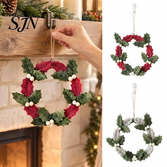 Festival Scene Ornament 8 Inch Felt Christmas Holly Wreath, Handmade Berry Hanging for Window Wreath Front Door, Winter Holiday Wall Decor Nordic