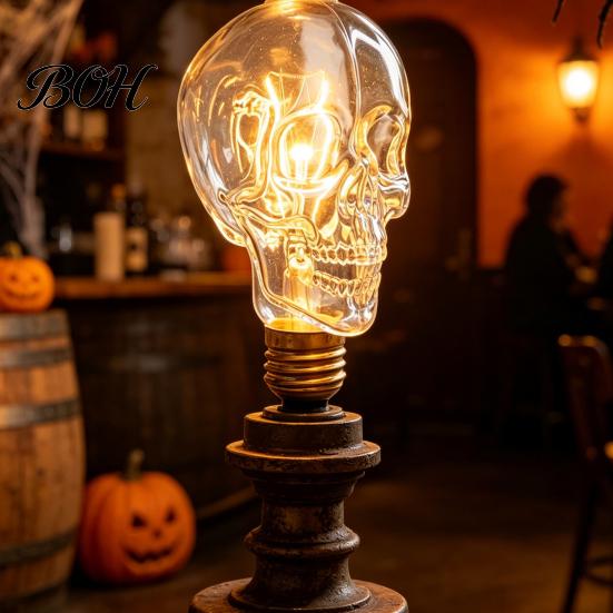 Spooky Haunted House Accessories Glass Skull Light Bulb, Halloween E27 Personalized Niche Gifts for Men Threaded Retro Decorative Bulb Gothic