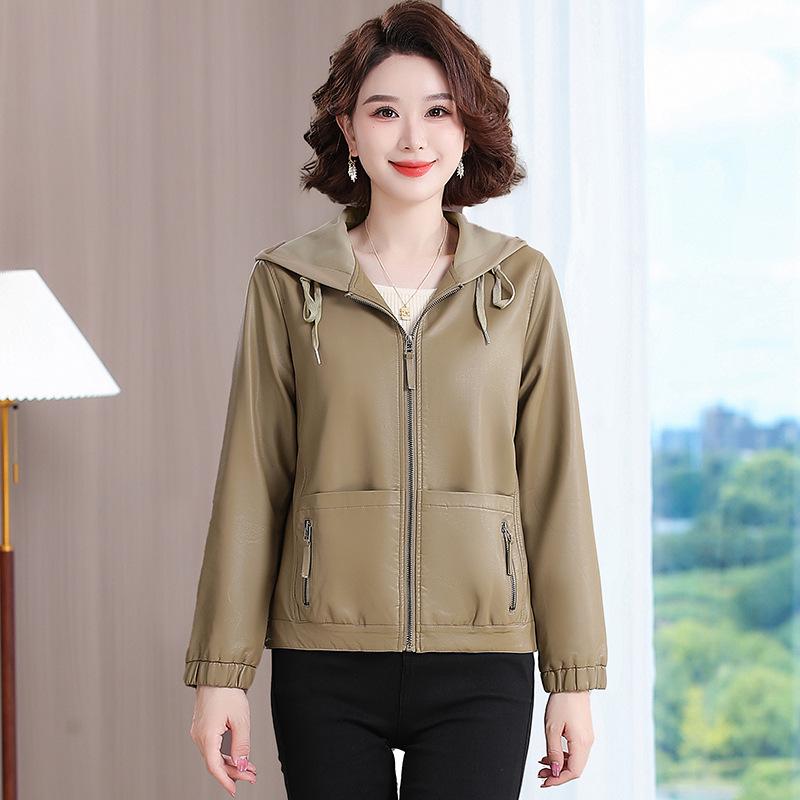 Весна/Осень 2025 Женское короткое пальто из ПУ кожи с капюшоном - Стильная куртка на молнии для молодых мам.