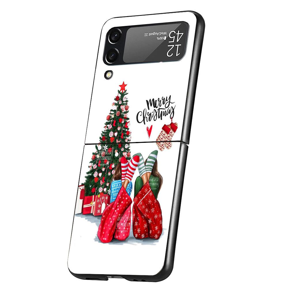 Christmas Girls Tree Gift Cover Phone Case For Samsung Galaxy Z Flip 7 6 5 4 3 5G Flip7 Flip6 Flip5 Flip4 Flip3 Black Fundas She