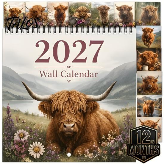 Инструмент для организации учебного года 2027, настенный календарь с highland коровами, 12-месячный планировщик с видами фермы, декор для домашнего офиса, двойная спиральная обложка, плотная матовая бумага