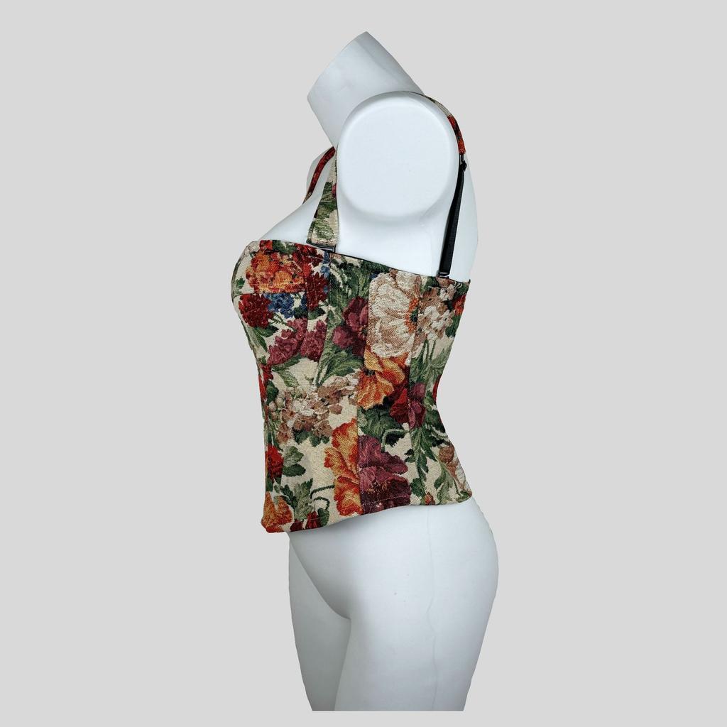 Women's Vintage Floral Boned Corset Top, Push Up Bustier Spaghetti Strap Crop Top For Waist Cinching & Layering