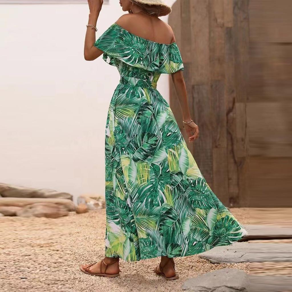 Women's Summer Straight Neck Ruffled Waist Dress