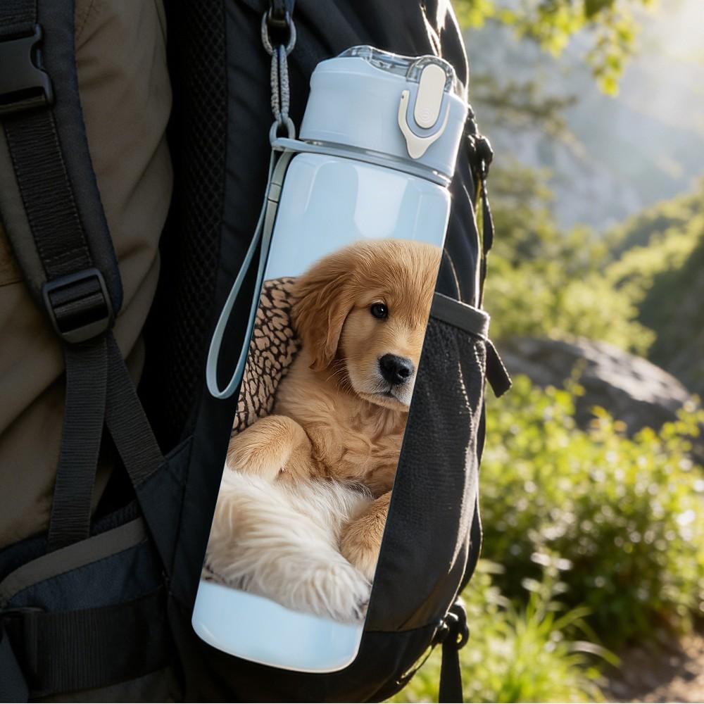 1PC Sleepy Puppy Fluffy Dog Print 750ml Color Plastic Sports Water Bottle Leakproof Flip Straw Lid Suitable for Sports Office Home Use