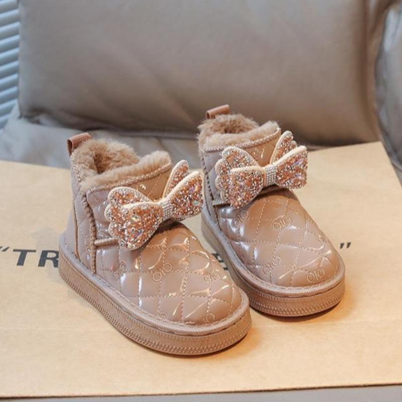 Теплые девичьи ботинки-принцессы для снега, зимние флисовые и утепленные хлопковые ботинки, детские нескользящие ботинки на толстой подошве