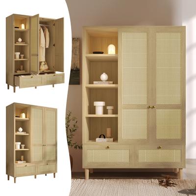 Wardrobe with 2 Doors and Rattan Weave, Country House Style Oak Look, Open Shelf, Clothes Rail, 2 Drawers, Anti-Tip Protection, 180x120x50 Cm (H/W/D)