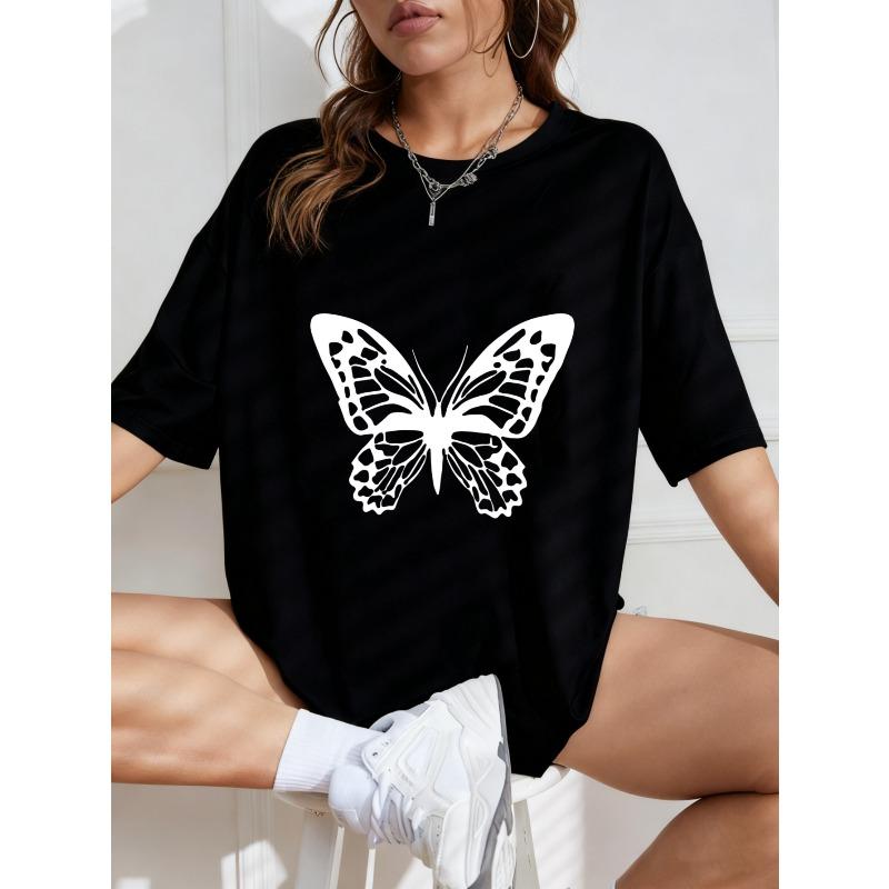 White Oversized T Shirt With Butterfly Print For Casual Wear