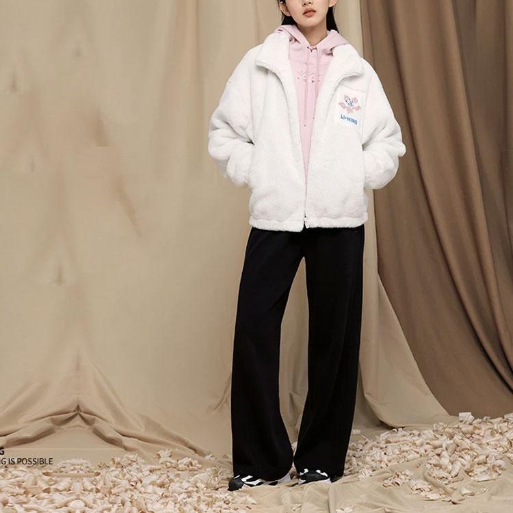 Штаны женские спортивные Li Ning Sports Lifestyle Series, однотонные, средней талии, с манжетами, из флиса, трикотажные, черные AKLT908-4