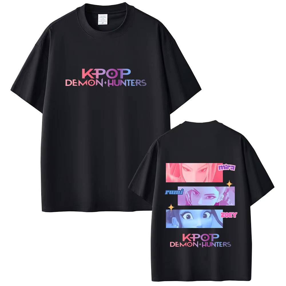 K-pop Охотники на демонов Руми Мира Зои Принт Глаза Мужская Хлопковая Повседневная Футболка Оверсайз Женские Мультяшные Модные Тренд Футболки