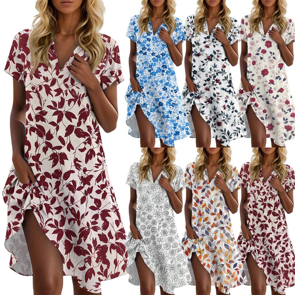 Women's Casual Fashion Lapel Floral Print Dress Short Sleeve V Neck Short Skirt