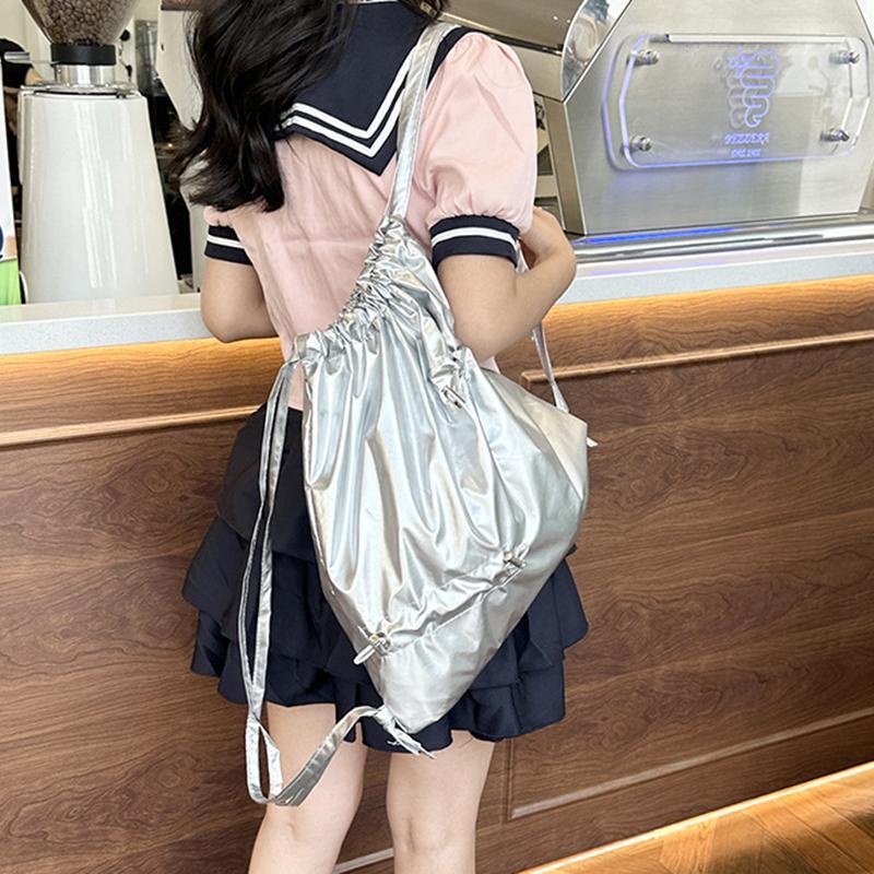 Новая серебристая сумка на двойном плече с завязками, женский корейский ленивый рюкзак, легкий, удобный для переноски, спортивный рюкзак для активного отдыха