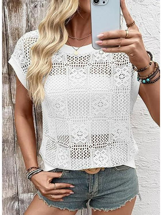 2026 Европейский и Американский Трансграничный Женский Летний Ажурный Топ с Круглым Вырезом в Стиле "Пряная Девушка"