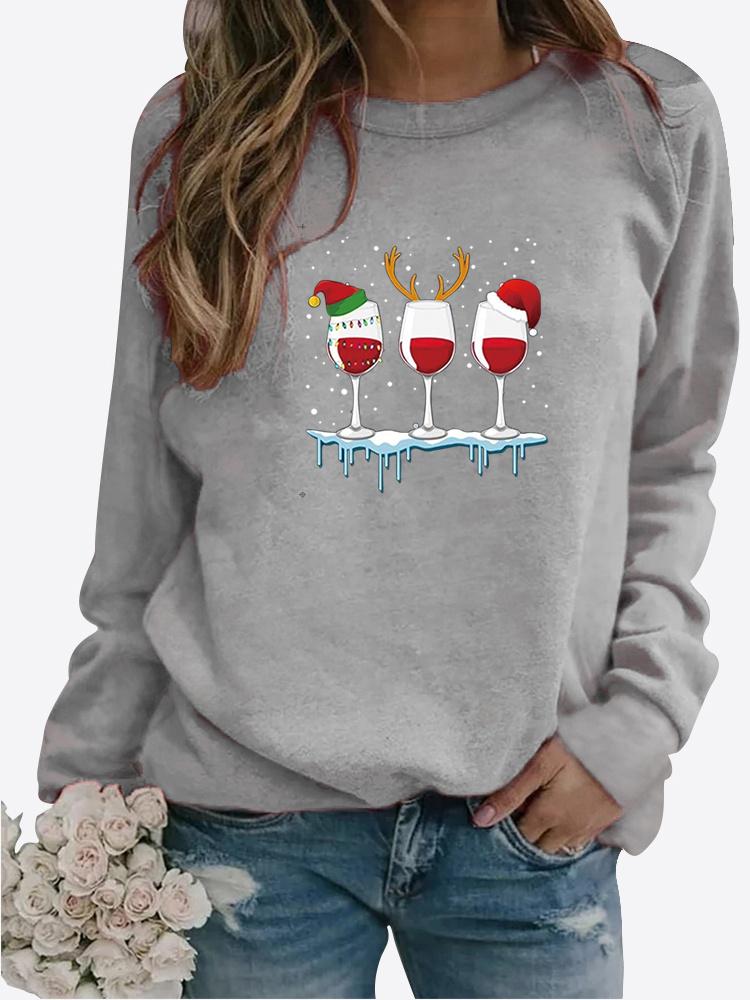 Women Autumn and Winter Clothing Christmas Deer Printed Casual Sweatshirt Long Sleeve Tops T-shirt Ladies Round Neck Pullover Blouse