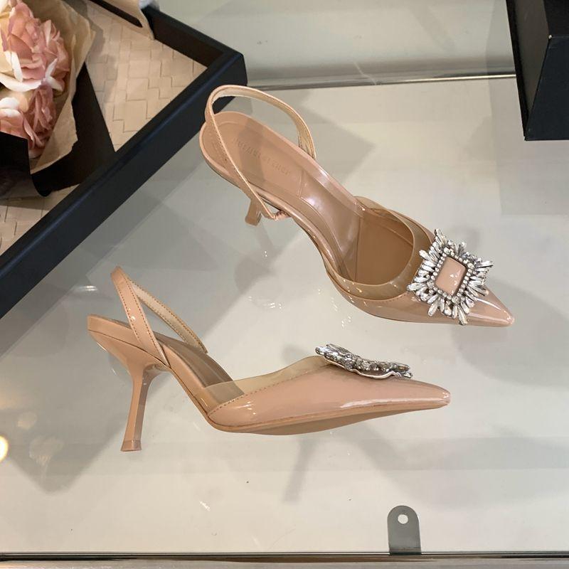 Брендовые дизайнерские серебристые босоножки на высоком каблуке для женщин 2025 лето, хрустальные сандалии с квадратной пряжкой, женские туфли-слингбэки с острым носком для вечеринки