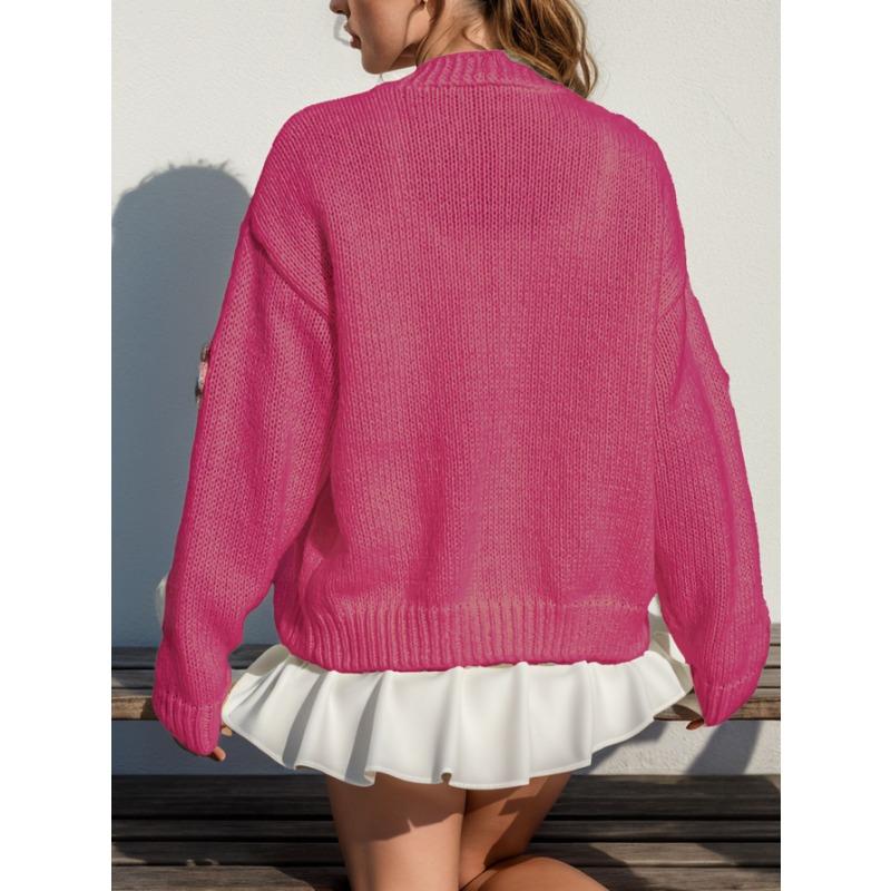 Женский осенне-зимний милый вязаный кардиган с длинным рукавом на пуговицах, свободный теплый свитер с цветочным принтом, открытое пальто спереди