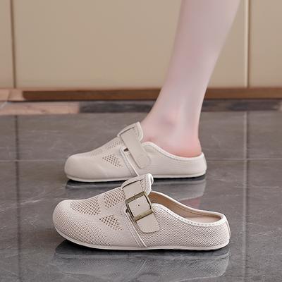 Модные сандалии на плоской подошве с круглым носком, летние новые сандалии с закрытым носком, глубоким вырезом, из сетчатой ткани, дышащие, с металлической пряжкой, на мягкой подошве, нескользящие шлепанцы