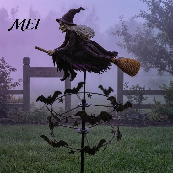 Whimsical Witch Silhouette Garden Wind Spinner, Halloween Yard Art Metal Outdoor Decorative Spinner Stake, Flying for Lawn Patio Pathway Fall
