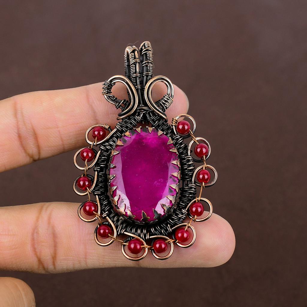 Подвеска из натурального рубина и граната, изготовленная вручную из медной проволоки, 2,76 дюйма, s0p95